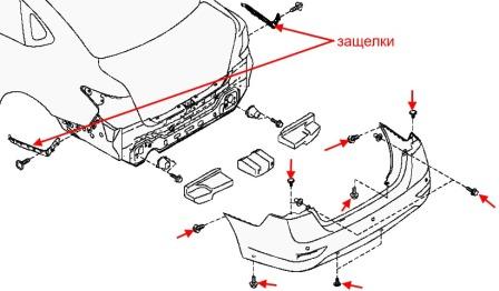 scheme of fastening of a back bumper of Nissan Sentra B17 (after 2014)